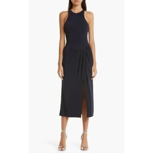 NEW Cinq a Sept Lezlie Side Slit Jersey Dress Midi Minimalist Draped Navy US 0